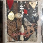 Collage of relics, figures and plants.