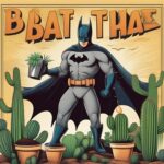 Batman-like figure gardening with cactus pots.